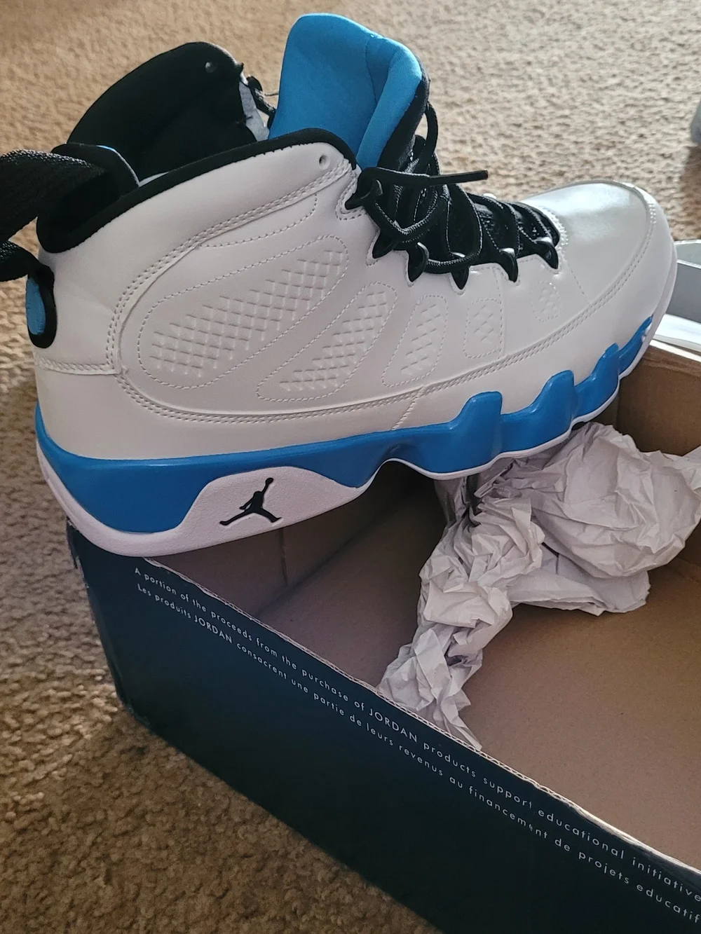 Jordan 9s White, Black and Carolina Blue High-Top Basketball Sneakers